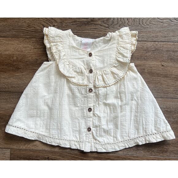 Shabby Chic Baby Girl Dress 18M Cream Lined Button Front Ruffle Sleeves Cotton - Picture 1 of 11